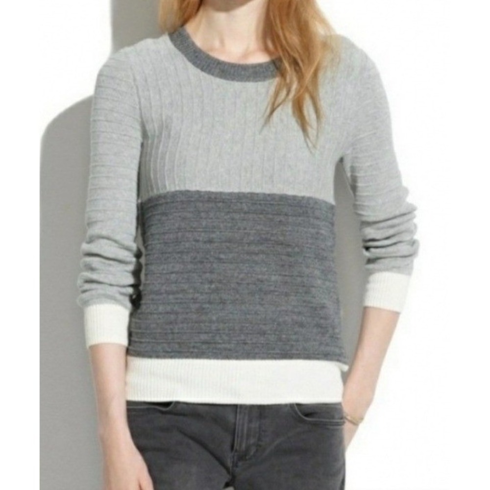 Madewell Colorblock Ribbed Sweater 100% Cotton Grey White Crew Neck A0278 XS